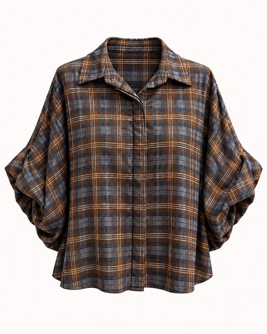 Chemisier à carreaux marron bleu ardoise et doré manches bouffantes ajustables taille unique – OR SHÉLI