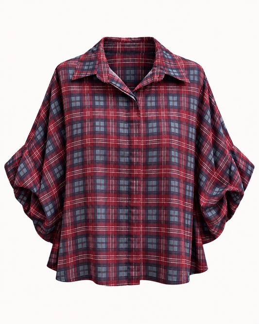 Chemisier à carreaux tartan rouge et bleu ardoise manches bouffantes ajustables taille unique – OR SHÉLI