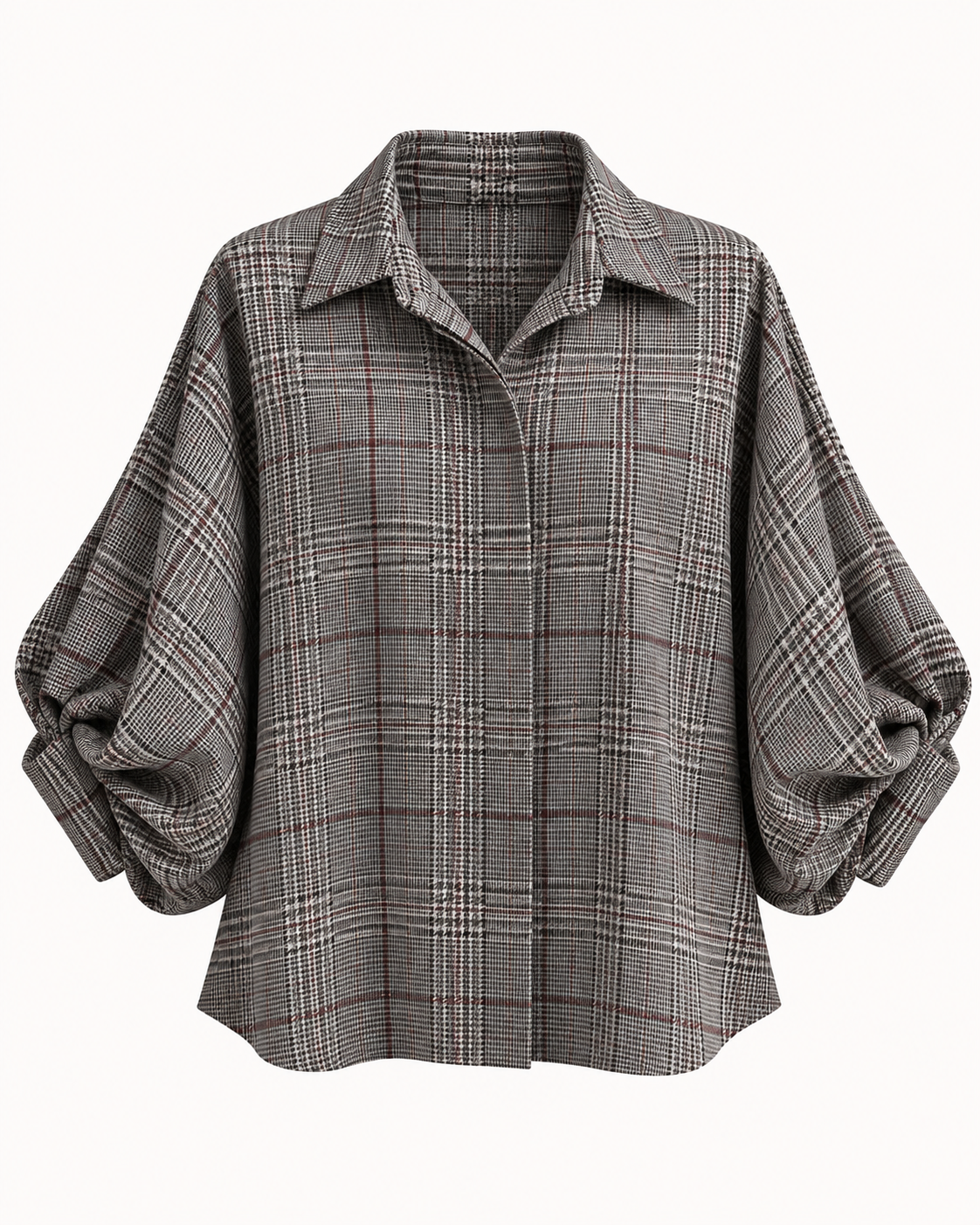 Chemisier à carreaux prince-de-galles tissu chaud manches bouffantes gris et marron