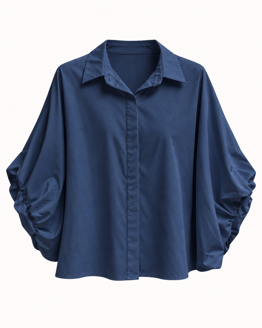 Chemisier bleu marine manches bouffantes ajustables bouton dissimulé taille unique – OR SHÉLI