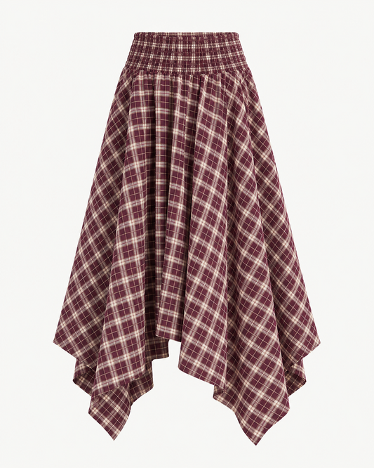 Jupe asymétrique smockée carreaux bordeaux et beige – OR SHÉLI
