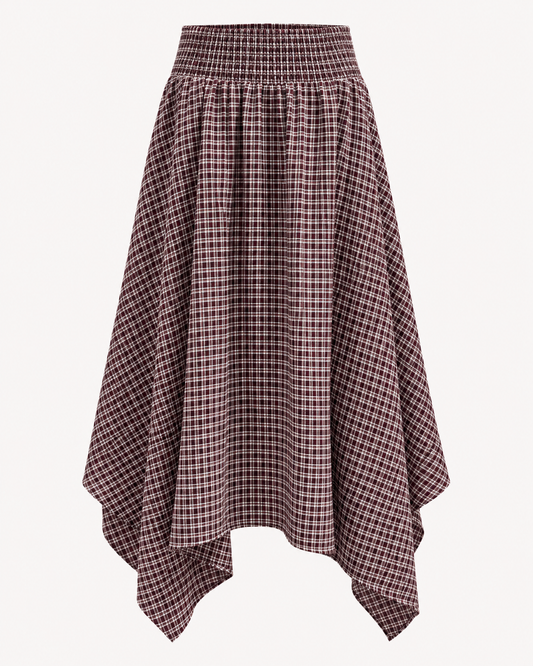Jupe asymétrique à carreaux prune et blanc taille smockée OR SHÉLI