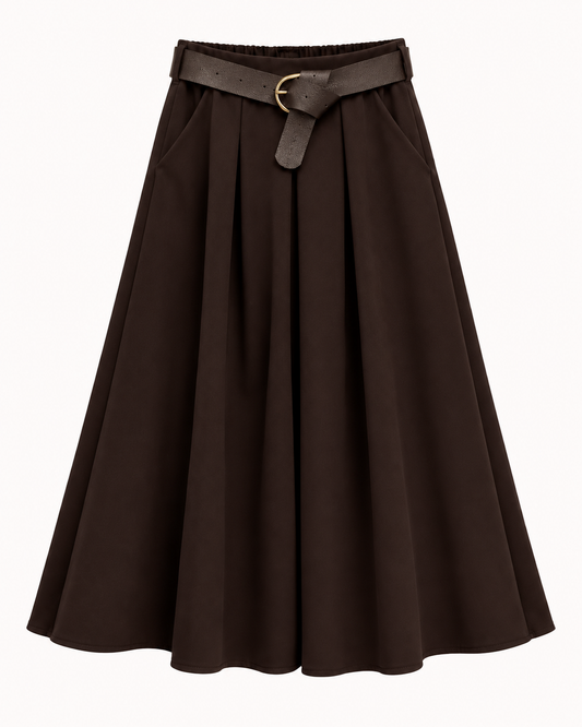 Jupe midi plissée chocolat avec ceinture OR SHÉLI