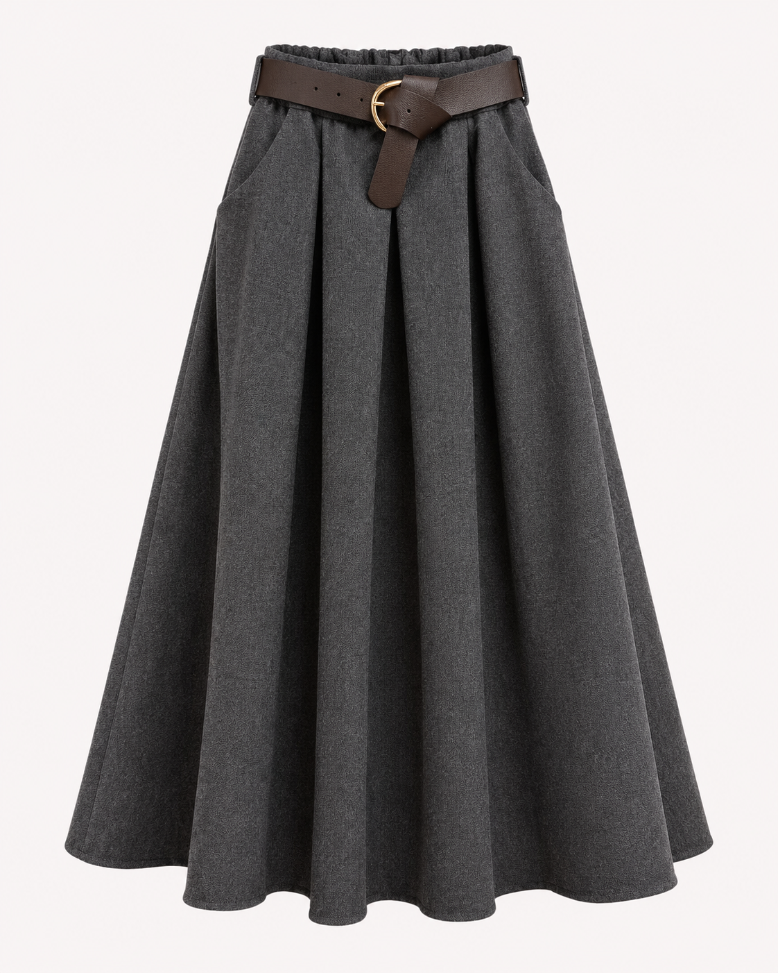 Jupe longue plissée gris anthracite avec ceinture marron OR SHÉLI