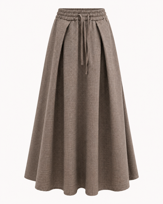 Jupe longue plissée micro-carreaux taupe avec ceinture élastique et cordon – OR SHÉLI