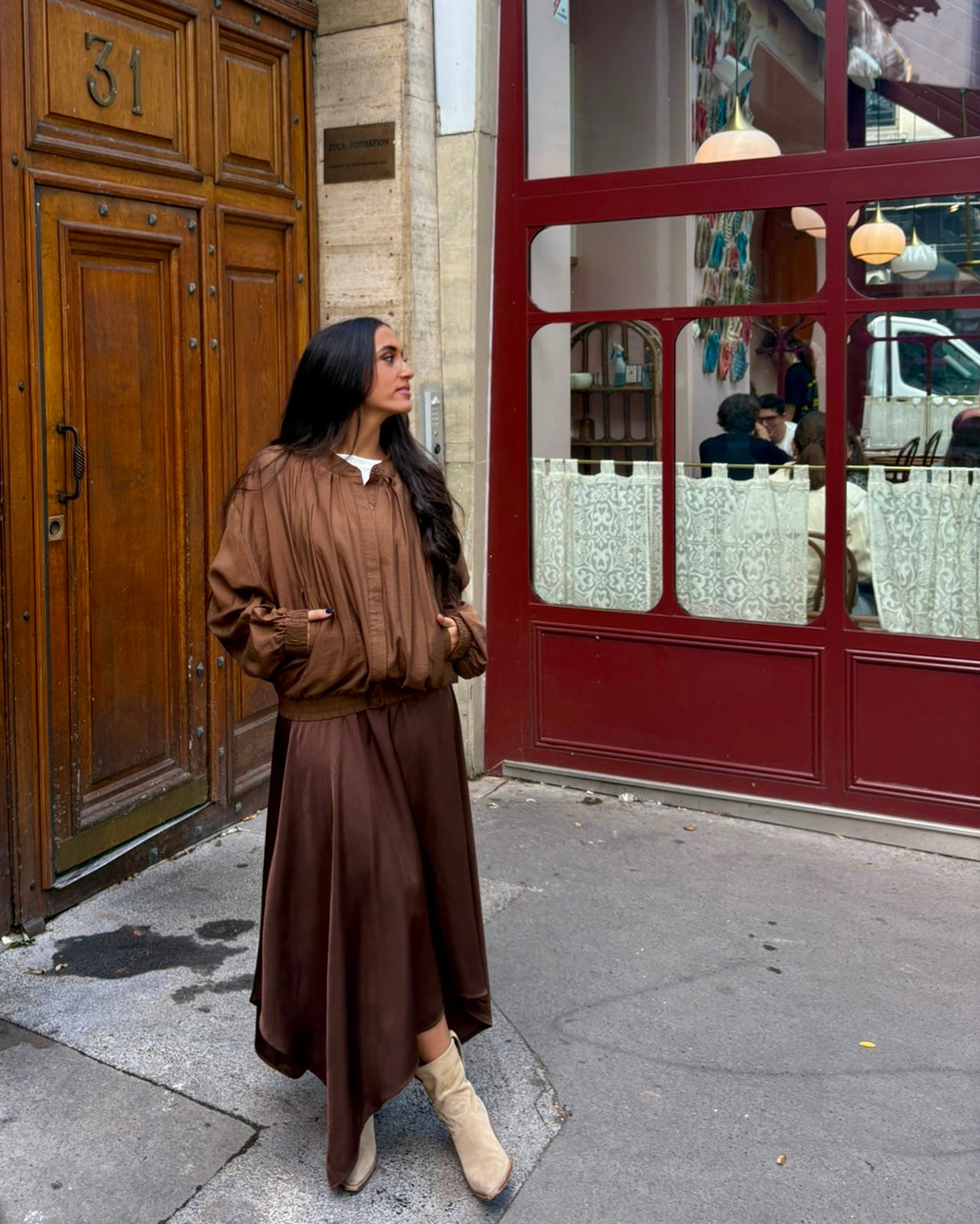 Jupe longue asymétrique marron taille smockée - OR SHÉLI