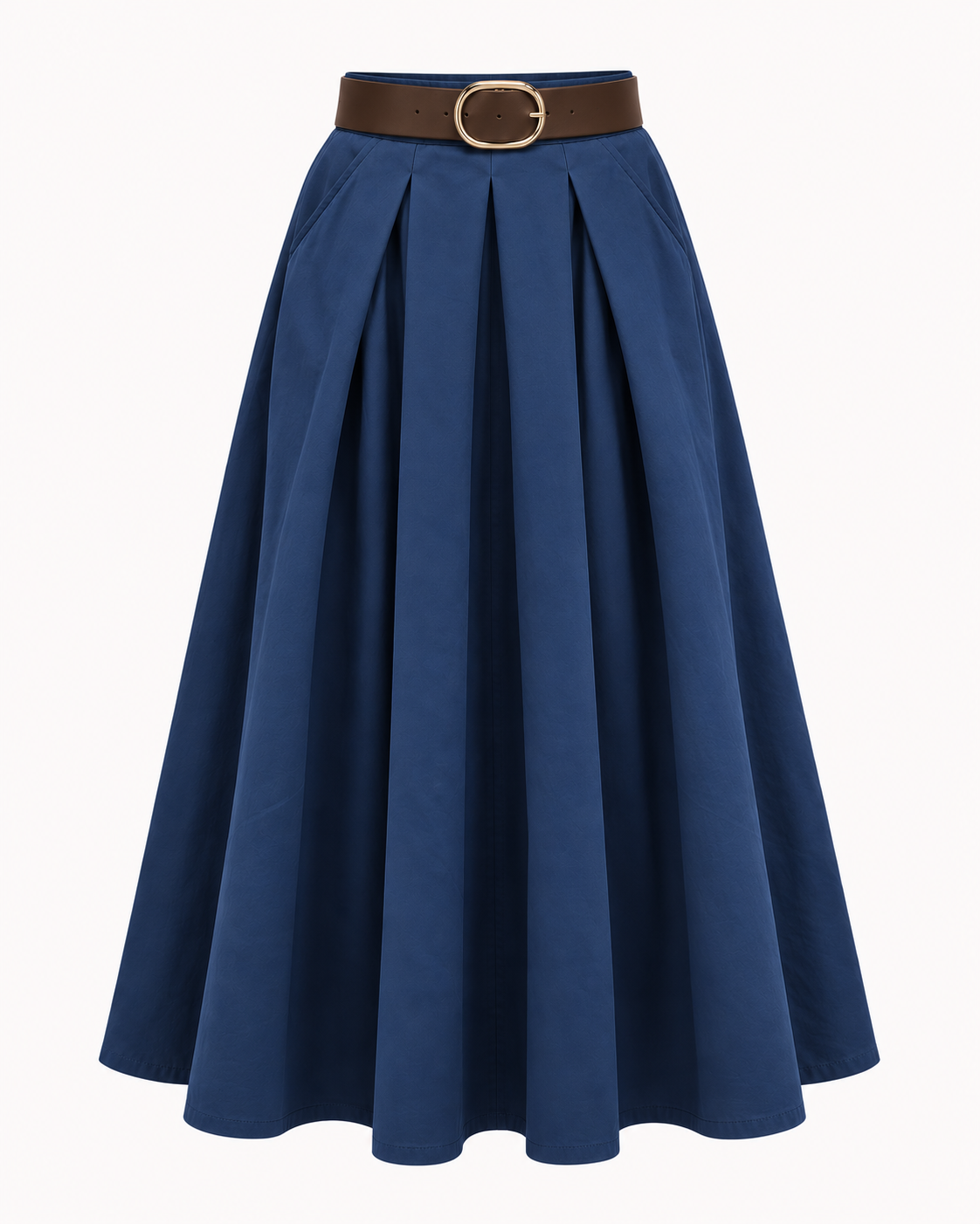 Jupe longue plissée bleu marine avec ceinture marron, coupe évasée maxi – OR SHÉLI