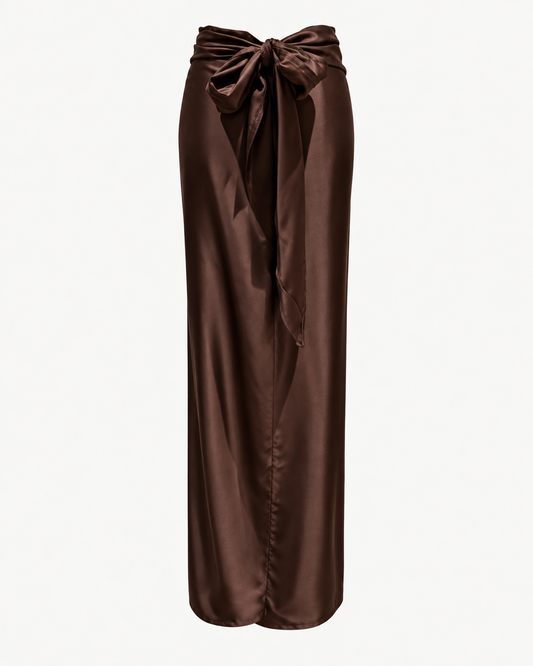Jupe paréo longue en satin marron avec fente et nœud à nouer - OR SHÉLI