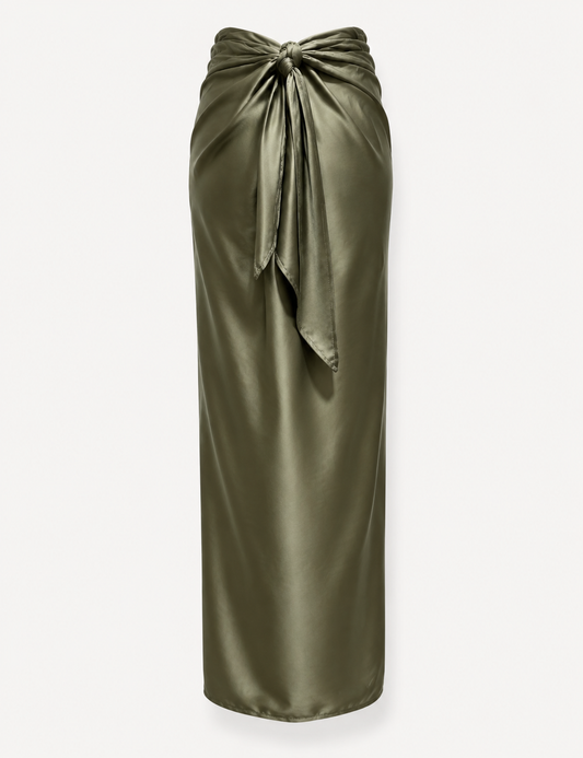 Jupe paréo longue en satin sauge avec fente et nœud à nouer – OR SHÉLI