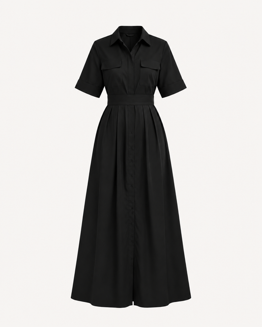 Robe chemise longue boutonnée manches 3/4 avec ceinture à la taille - OR SHÉLI