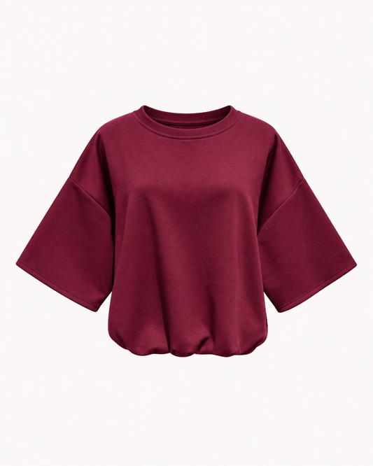 Tee-shirt ballon uni bordeaux effet blousant manches coudes