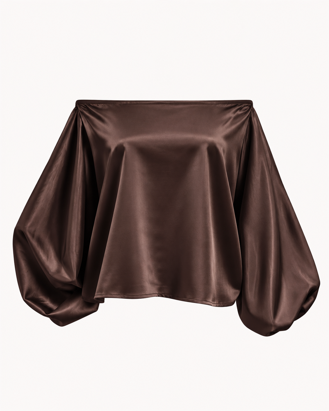 Top satiné marron chocolat manches bouffantes encolure bardot OR SHÉLI