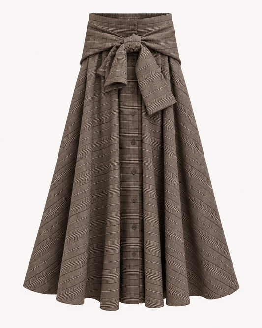 Jupe longue à carreaux gris avec nœud ceinture - OR SHÉLI