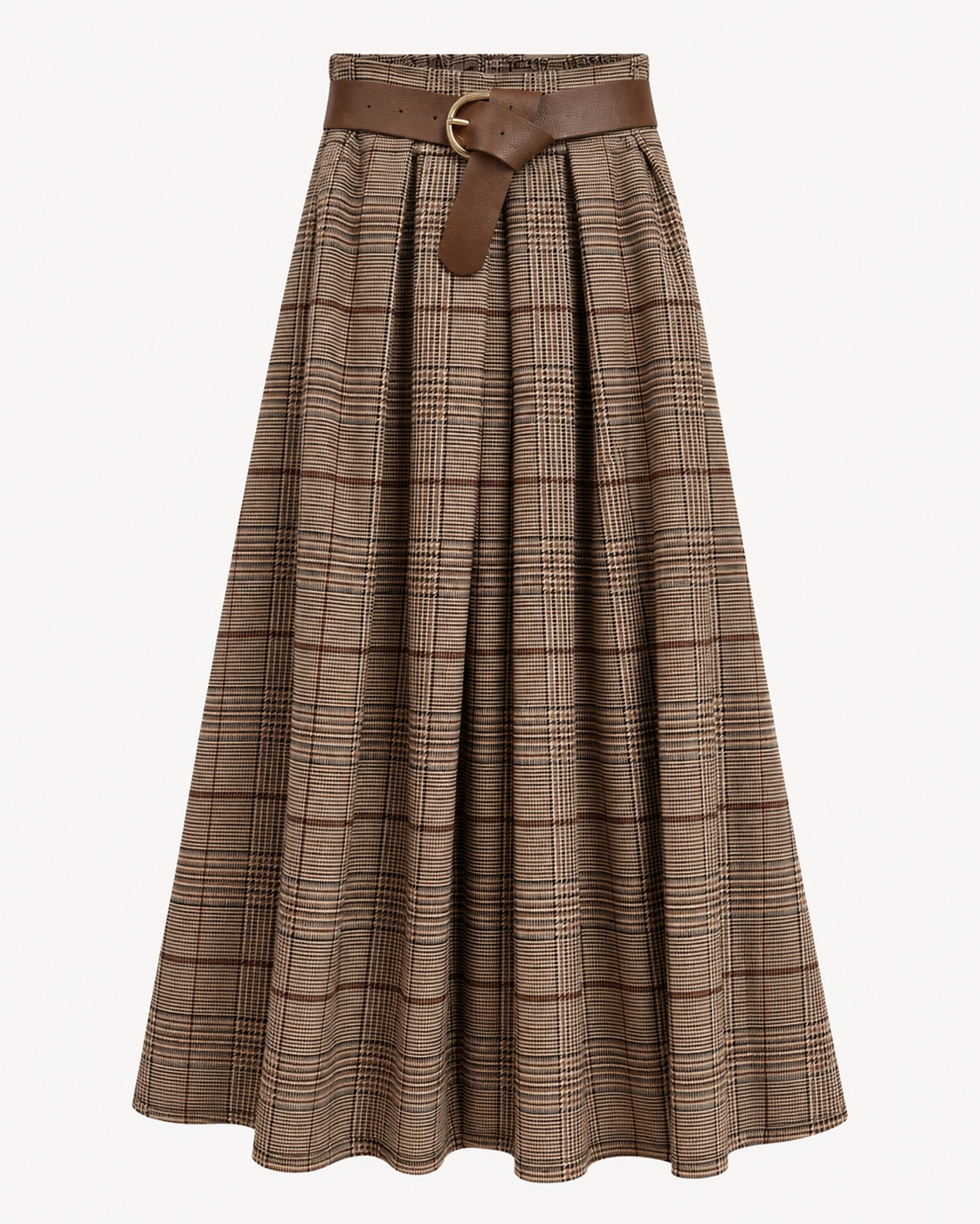 Jupe longue plissée à carreaux taupe avec ceinture marron - OR SHÉLI