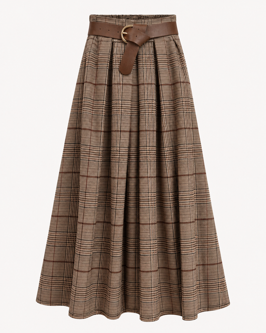 Jupe longue plissée à carreaux taupe avec ceinture marron - OR SHÉLI