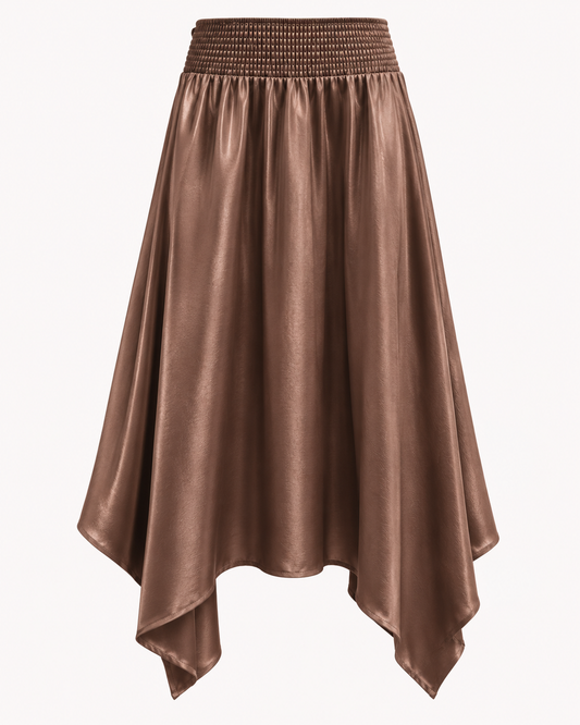 Jupe longue asymétrique marron taille smockée - OR SHÉLI