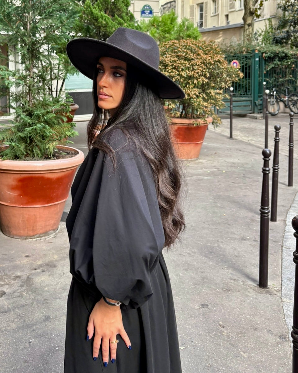 Chemisier en popeline noir manches bouffantes col chemisier