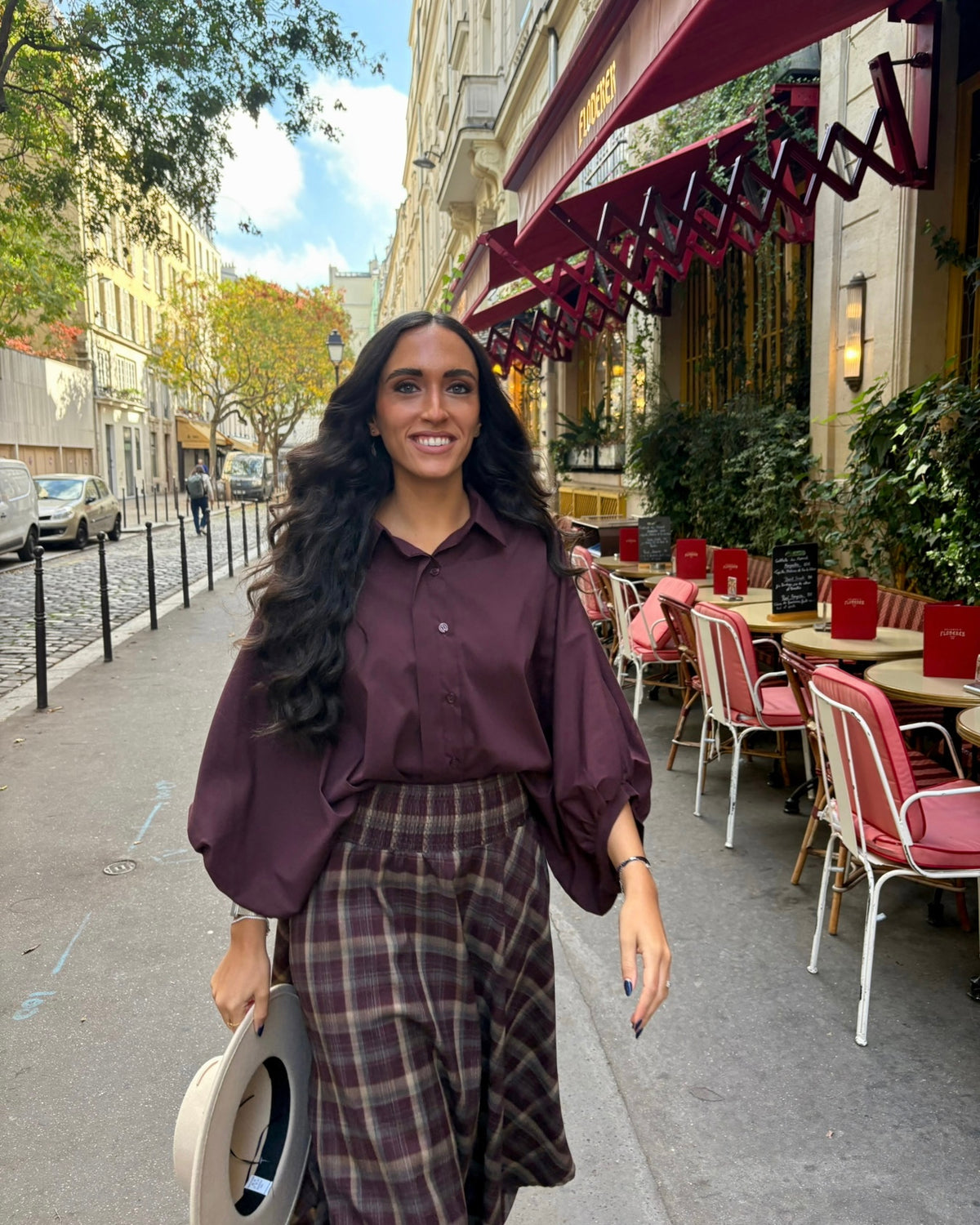 Chemisier en popeline prune manches bouffantes col chemisier