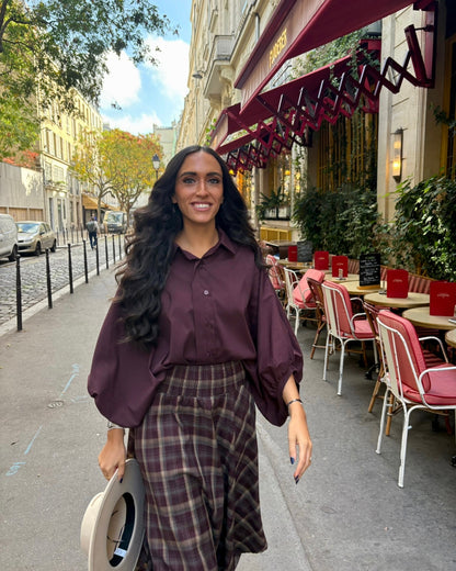 Chemisier en popeline prune manches bouffantes col chemisier