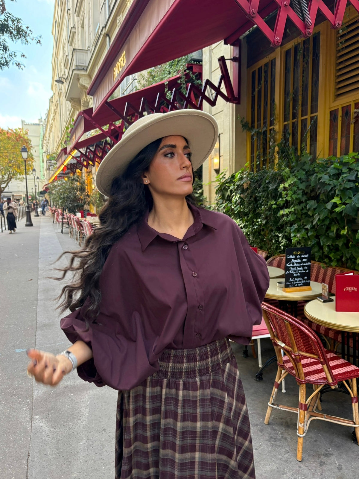 Chemisier en popeline prune manches bouffantes col chemisier
