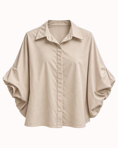 Chemisier beige sable manches bouffantes ajustables bouton dissimulé taille unique – OR SHÉLI