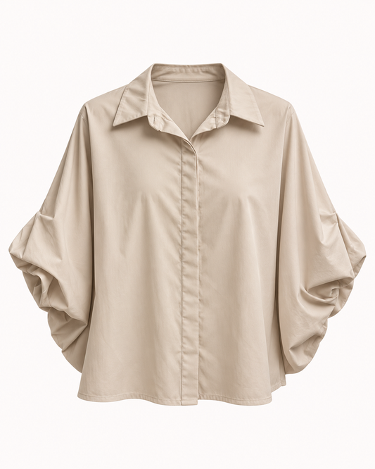 Chemisier beige sable manches bouffantes ajustables bouton dissimulé taille unique – OR SHÉLI