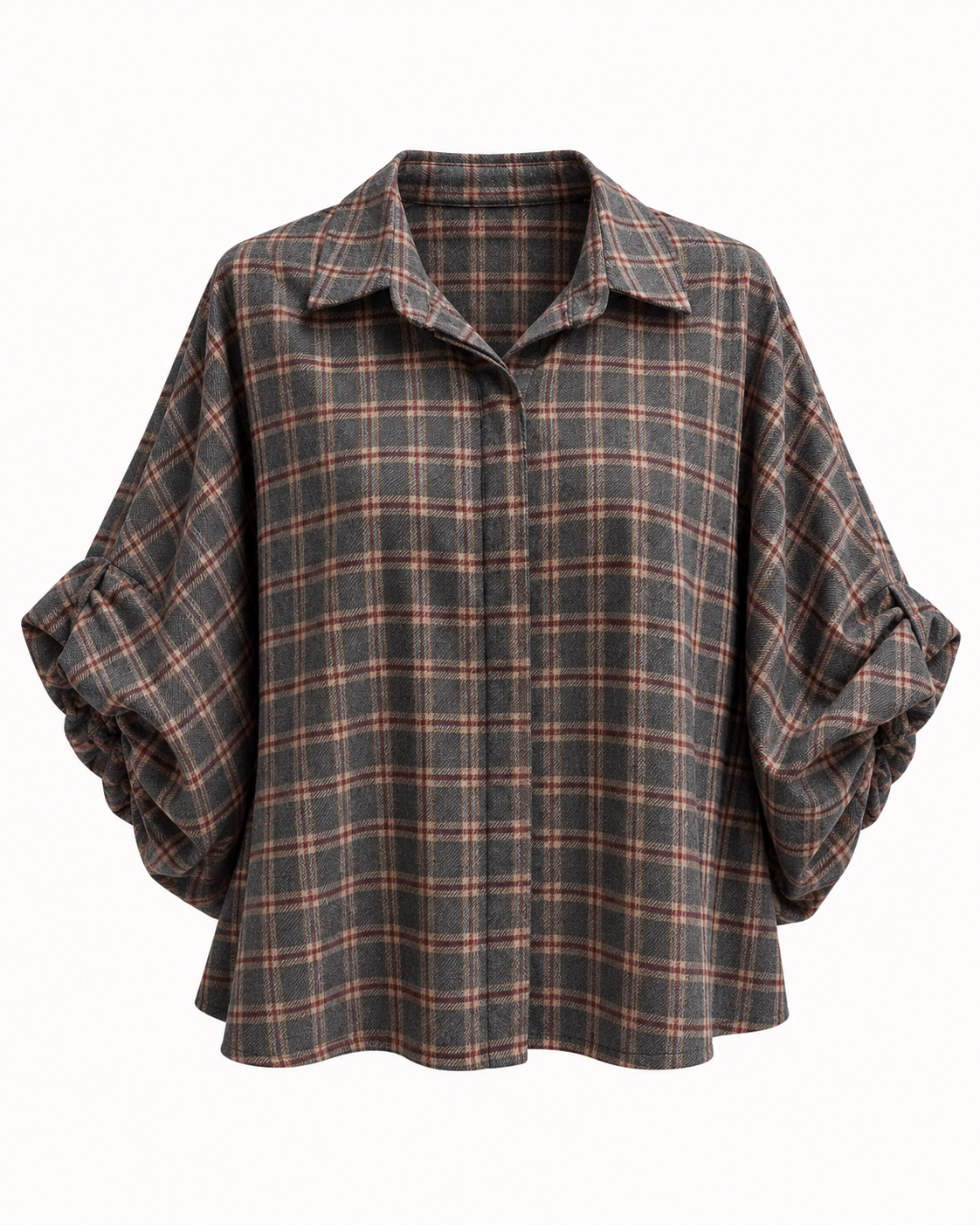 Chemisier à carreaux gris et camel manches bouffantes ajustables taille unique – OR SHÉLI