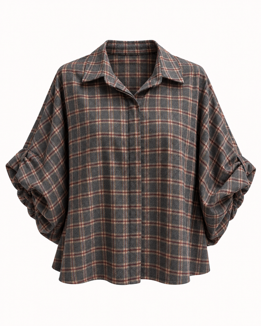 Chemisier à carreaux gris et camel manches bouffantes ajustables taille unique – OR SHÉLI