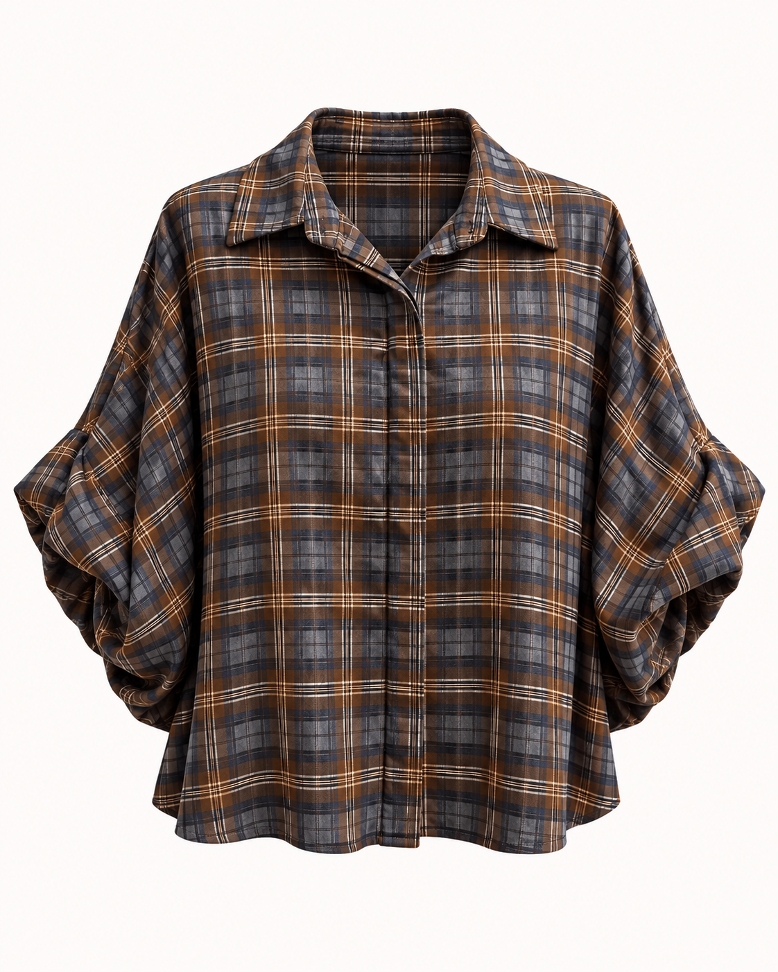 Chemisier à carreaux marron bleu ardoise et doré manches bouffantes ajustables taille unique – OR SHÉLI