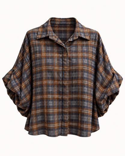Chemisier à carreaux marron bleu ardoise et doré manches bouffantes ajustables taille unique – OR SHÉLI