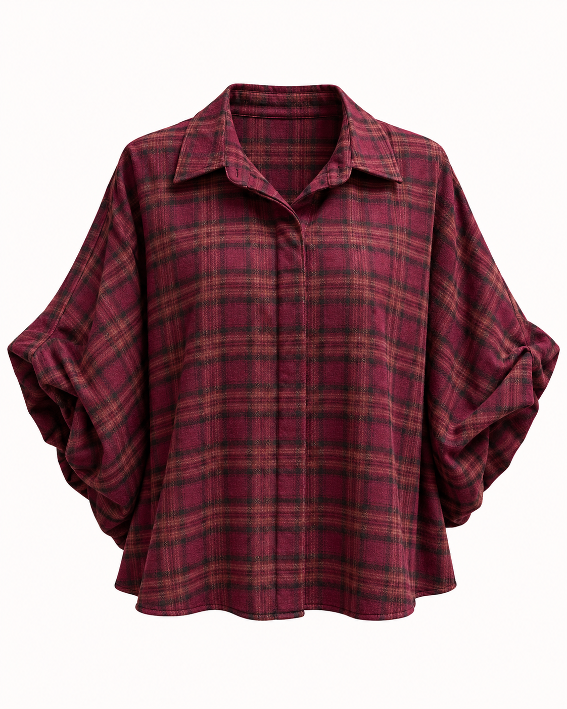 Chemisier à carreaux bordeaux prune manches bouffantes ajustables taille unique – OR SHÉLI