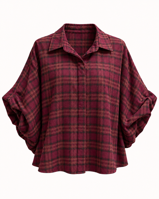 Chemisier à carreaux bordeaux prune manches bouffantes ajustables taille unique – OR SHÉLI