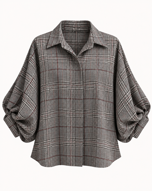 Chemisier à carreaux prince-de-galles tissu chaud manches bouffantes gris et marron