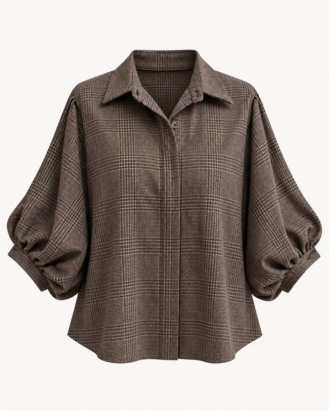 Chemisier prince-de-galles tissu chaud manches bouffantes marron foncé et taupe