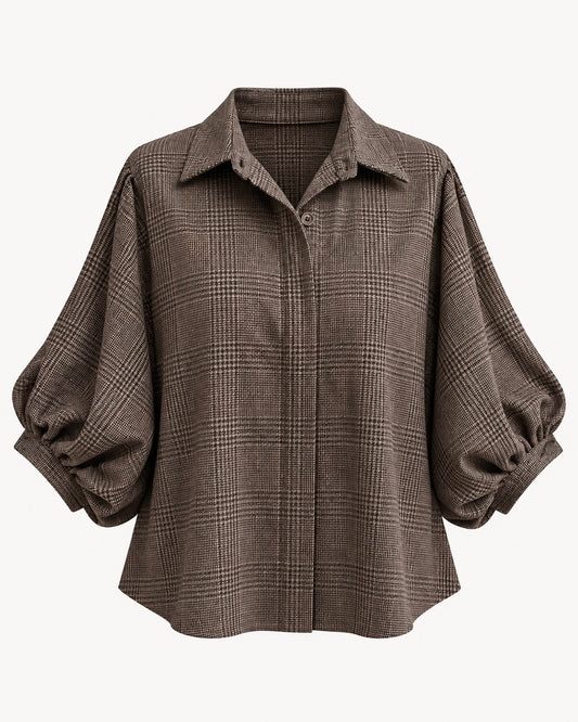 Chemisier prince-de-galles tissu chaud manches bouffantes marron foncé et taupe