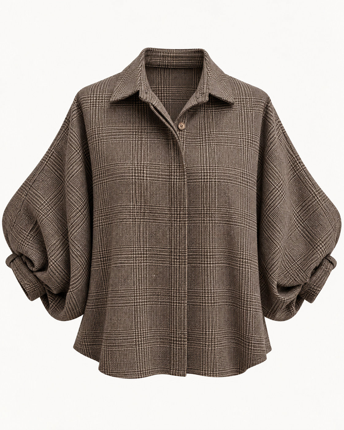 Chemisier prince-de-galles tissu chaud manches bouffantes marron chaud et beige