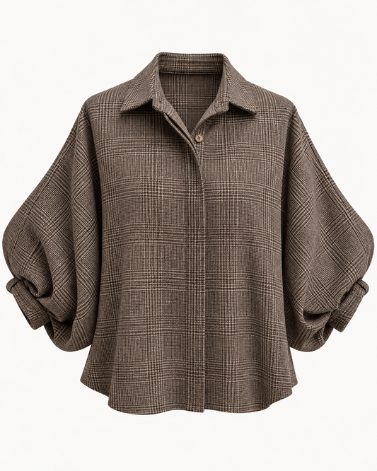 Chemisier prince-de-galles tissu chaud manches bouffantes marron chaud et beige