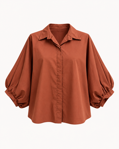 Chemisier en popeline brique manches bouffantes col chemisier