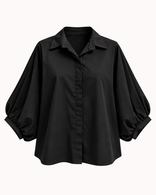 Chemisier en popeline noir manches bouffantes col chemisier