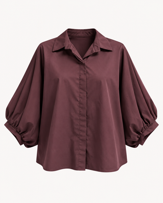 Chemisier en popeline prune manches bouffantes col chemisier
