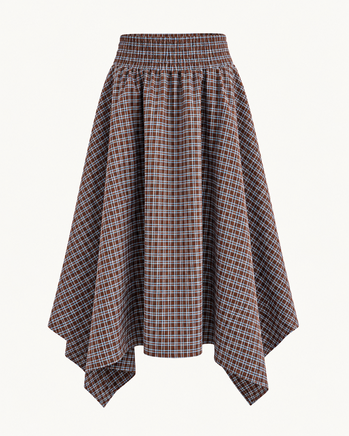 Jupe asymétrique à carreaux bleu et marron taille smockée OR SHÉLI