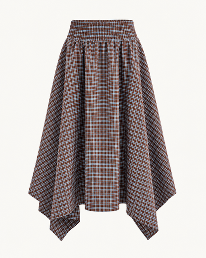 Jupe asymétrique à carreaux bleu et marron taille smockée OR SHÉLI