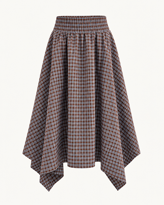Jupe asymétrique à carreaux bleu et marron taille smockée OR SHÉLI