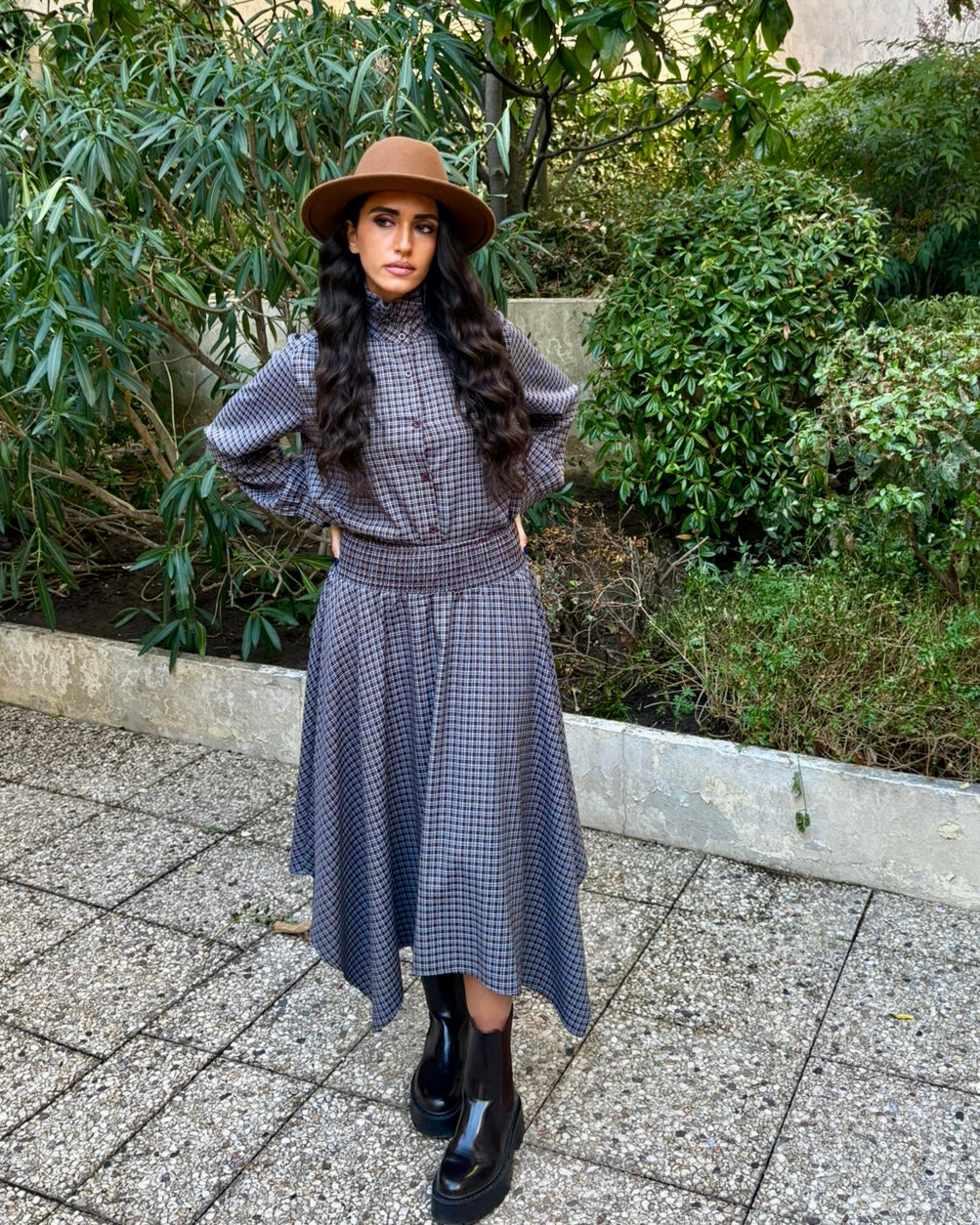 Jupe asymétrique à carreaux bleu et marron taille smockée OR SHÉLI