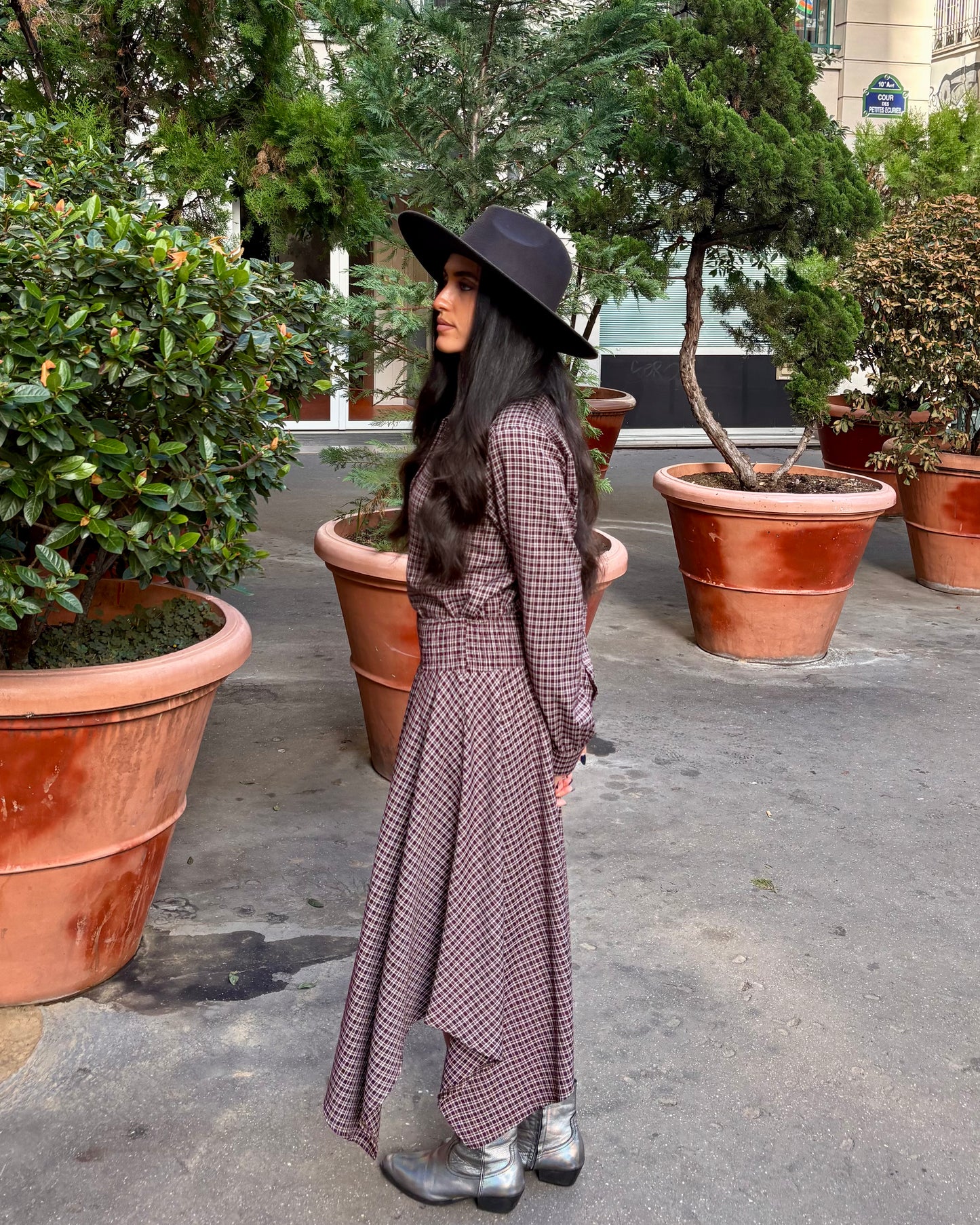 Jupe asymétrique à carreaux prune et blanc taille smockée OR SHÉLI