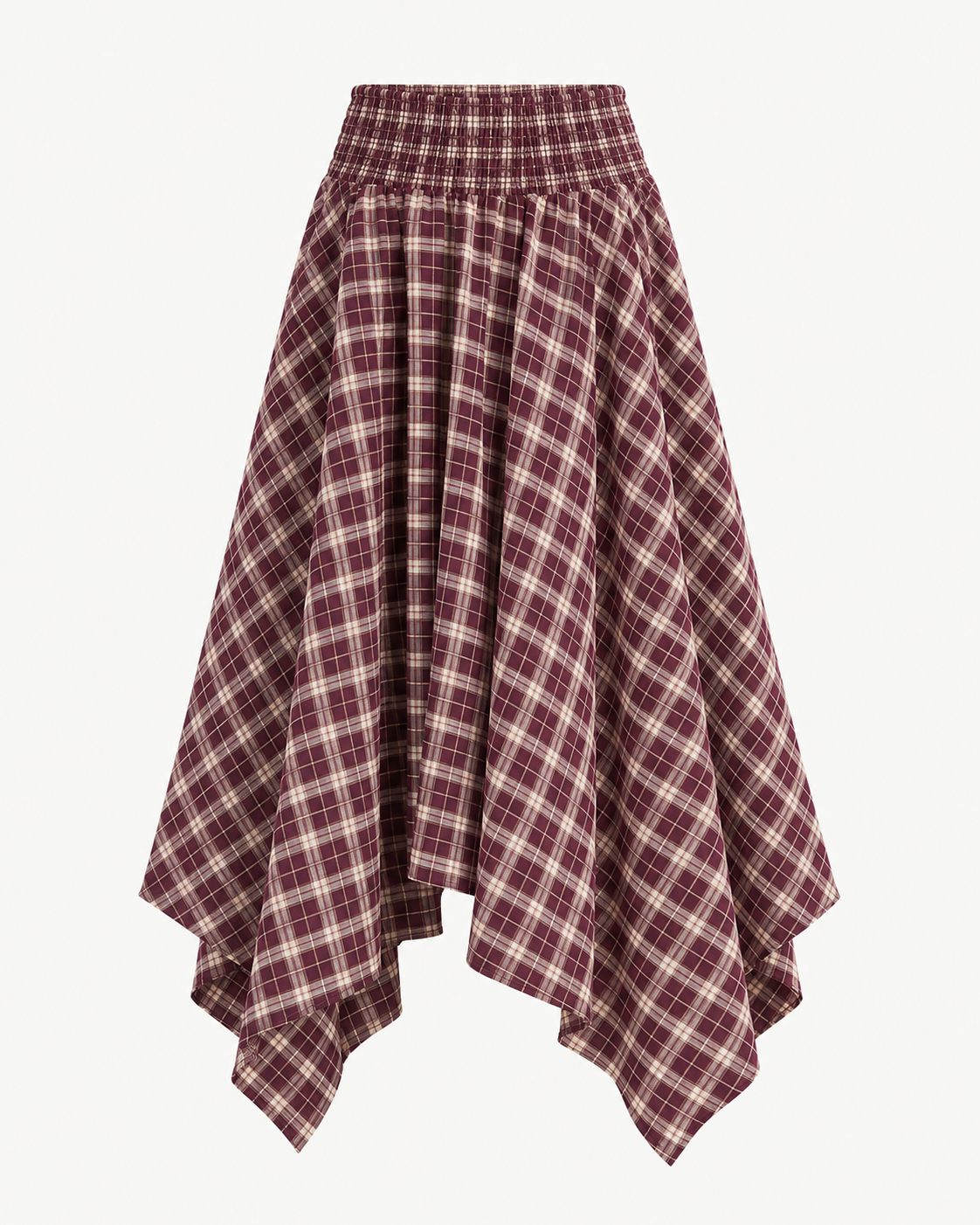 Jupe asymétrique smockée carreaux bordeaux et beige – OR SHÉLI