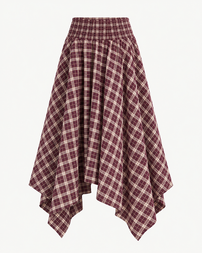 Jupe asymétrique smockée carreaux bordeaux et beige – OR SHÉLI
