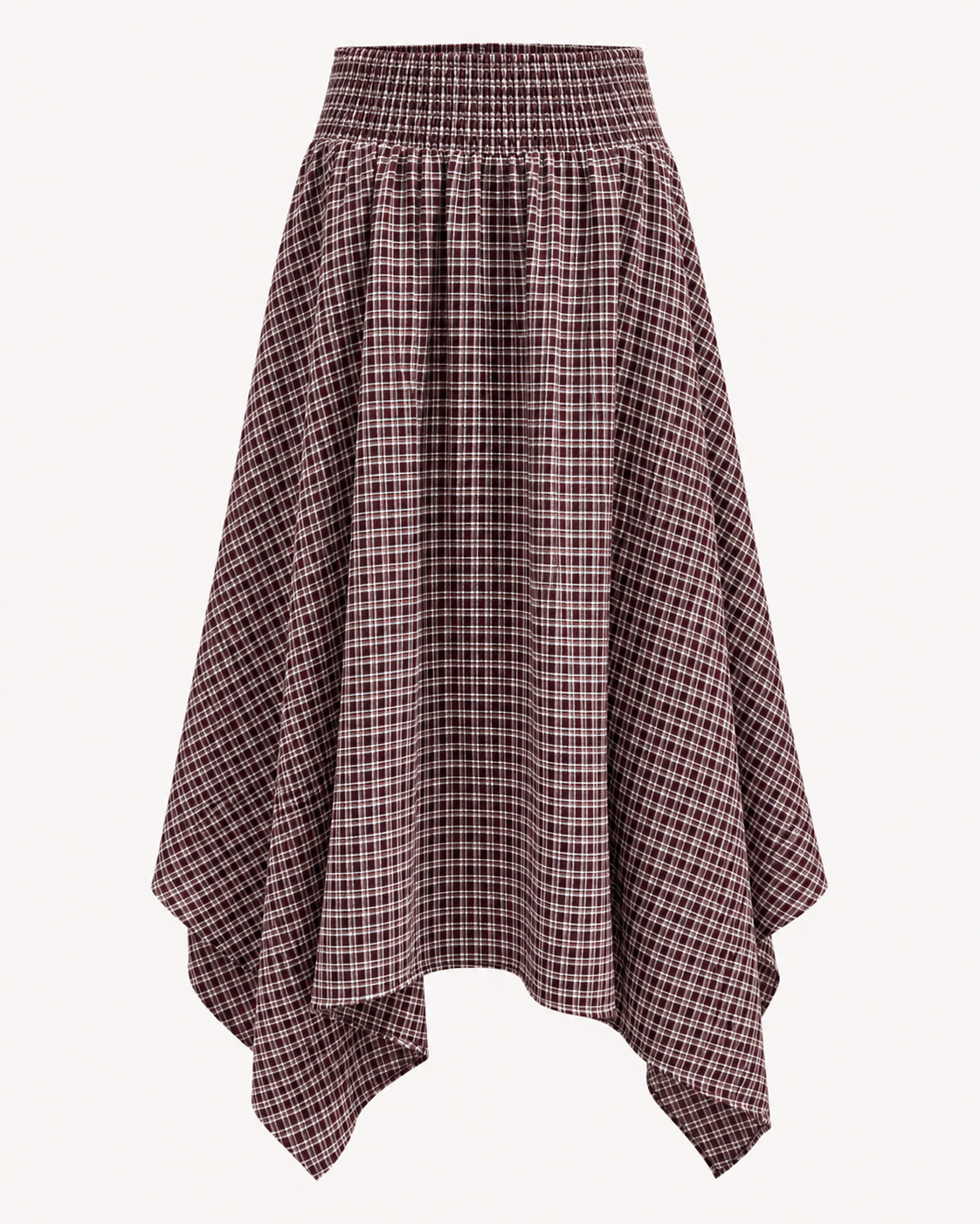 Jupe asymétrique à carreaux prune et blanc taille smockée OR SHÉLI