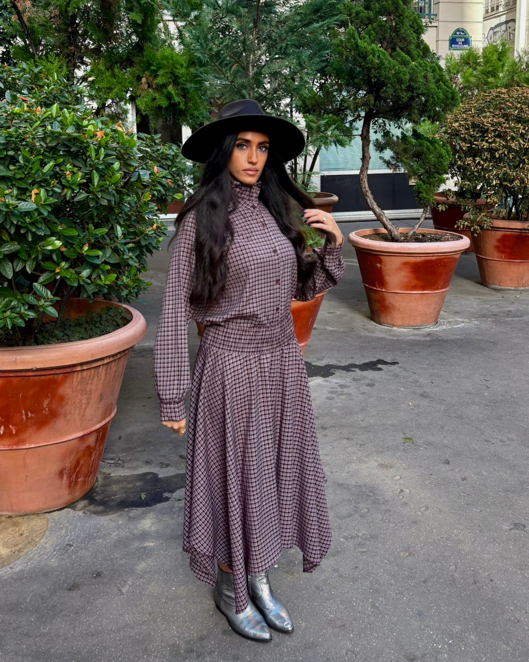 Jupe asymétrique à carreaux prune et blanc taille smockée OR SHÉLI
