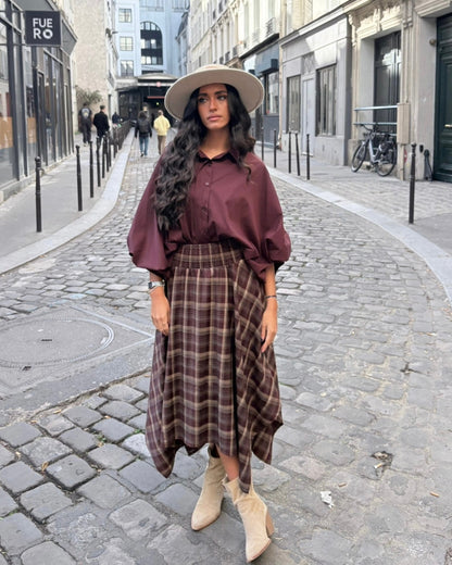 Jupe longue asymétrique à carreaux bordeaux et crème - OR SHÉLI